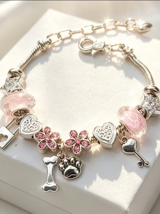 Jewelry - Silver Tone Charm Bracelet with Pink Beads
